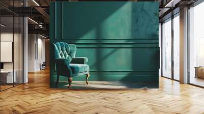 Beautiful luxury classic blue green clean interior room in classic style with green soft armchair. Vintage antique blue-green chair standing beside emerald wall. Minimalist home design.  Wall mural